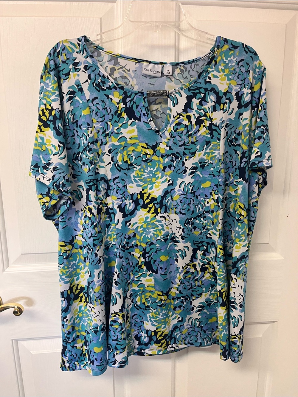 Kim Rogers Blue Floral Print Tunic Top with yellow accents